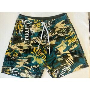 Mens Board Shorts‎ Swim Trunks Large Corona Extra Green Multi Camo